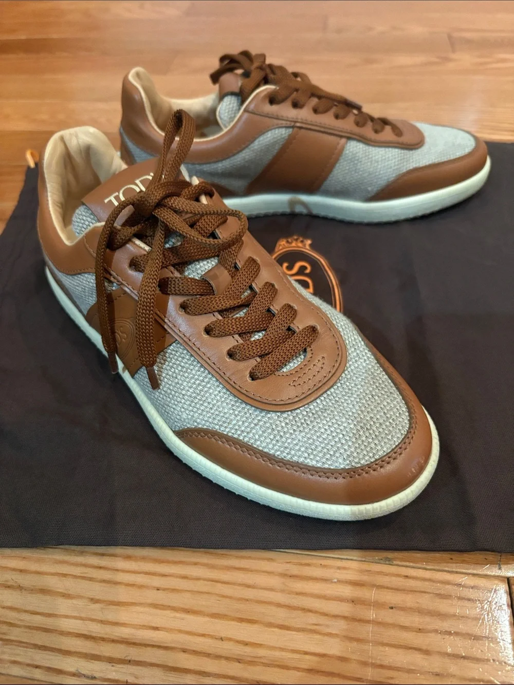Tod's Brown & Canvas Leather-Trim  Sneakers EUC sz 35